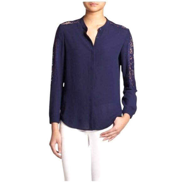 The Kooples Shirt Women Small Blue Lace Trim Crepe Crew‎ Neck Button Down Blouse - Picture 1 of 13